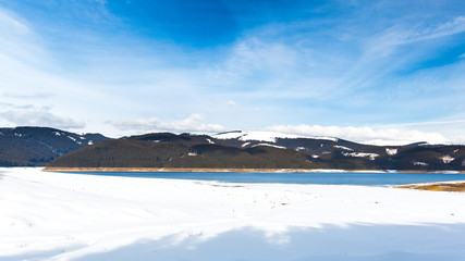 beautiful mountain lake with blue sky
