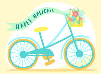 Vector image of a bicycle with basket, flowers, ribbon and butterflies  on a pink background. Hand-drawn Easter illustration for spring happy holidays, summer, greeting card, poster, banner, children