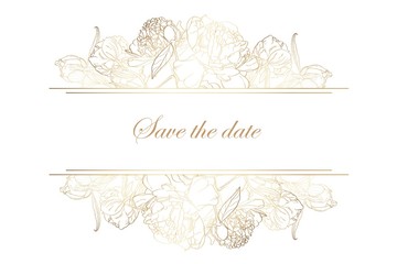 Horizontal banners with golden peonies roses flowers. Romantic design for women products. Can be used as greeting card or wedding invitation. 