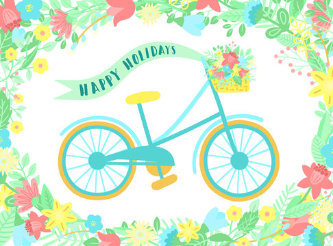 Vector image of a bicycle with basket, flowers, ribbon on a pink background with wreath. Hand-drawn Easter illustration for spring happy holidays, summer, greeting card, poster, banner, children, baby