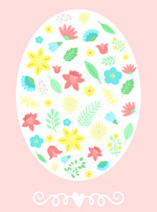 Vector image of egg with flowers, leaves and decorations on a pink background. Hand-drawn Easter illustration for spring happy holidays, summer, greeting card, poster, banner, children