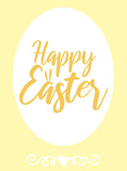 Vector image of an inscription with rabbit's ears and decorations on a yellow background. Easter illustration for spring happy holidays, summer, greeting card, poster, banner, children, print, decor