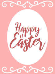 Vector image of an inscription with rabbit's ears and decorations on a pink background. Easter illustration for spring happy holidays, summer, greeting card, poster, banner, children, print, decor