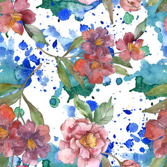 Red camelia. Floral botanical flower.Watercolor background illustration set. Seamless background...