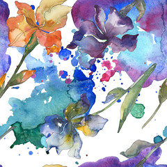 Purple, red, orange and blue irises flower. Watercolor background set. Seamless background pattern.