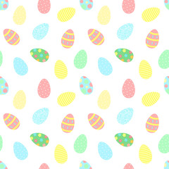 Easter seamless pattern with colorful eggs on a transparent background. Vector hand-drawn illustration for spring holiday, print, wrapping paper, scrapbook, textile, gift, clothing, children.