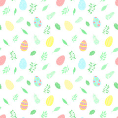 Easter seamless pattern with colorful eggs and green leaves on a transparent background. Vector hand-drawn illustration for spring holiday, print, wrapping paper, scrapbook, textile, gift, children.