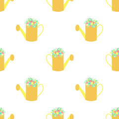 Easter seamless pattern with watering can and flowers on a transparent background. Vector hand-drawn illustration for spring holiday, print, wrapping paper, scrapbook, textile, gift, child, garden