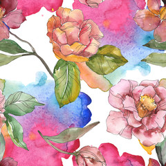 Red camelia. Floral botanical flower.Watercolor background illustration set. Seamless background...