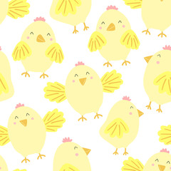Easter seamless pattern of funny chicks on a transparent background. Vector hand-drawn illustration of chicken for spring holiday, print, wrapping paper, textile, child, scrapbook, baby, clothing
