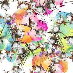 Fototapeta na wymiar Cotton floral botanical flower. Watercolor background illustration set. Seamless background pattern.