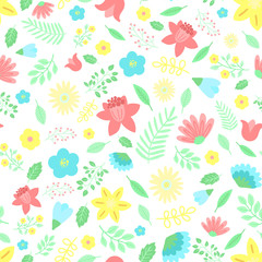 Easter seamless pattern of flowers and leaves on a transparent background. Vector hand-drawn illustration of plants for spring holiday print, wrapping paper, textile, clothing, card, baby, summer