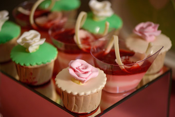 Close up of dessert assortment of playful or themed bite-sized cakes, fruit mousse, cupcakes, displayed on an elegant mirror cake stand, at a wedding reception, a birthday party or a formal event