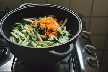 Domestic scene. cooking vegetables by the gas stove.