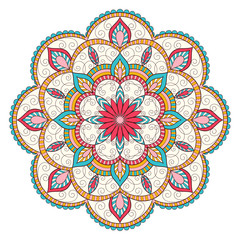 Decorative colorful ethnic mandala pattern. Design element for greeting card, banner or poster in oriental style. Hand drawn illustration
