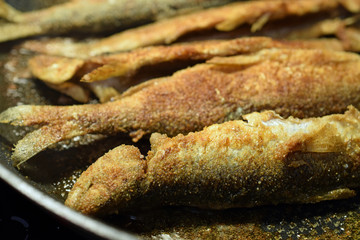 Fishes frying on pan. Close up.