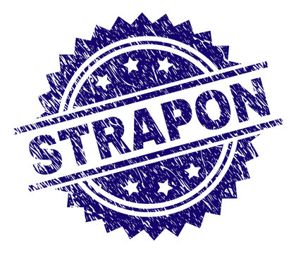 STRAPON stamp seal watermark with distress style. Blue vector rubber print of STRAPON caption with dust texture.