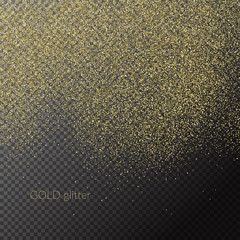 Chaotic particles on a dark background. Gold glitter.