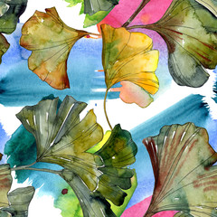 Yellow green ginkgo biloba leaf. Watercolor background illustration set. Seamless background pattern.