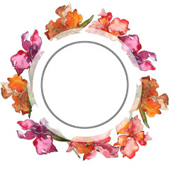 Red and purple floral botanical flower. Watercolor background illustration set. Frame border ornament square.