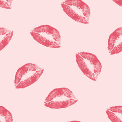 Vector woman pink lipstick kiss prints seamless background pattern. Pink lovely kisses for romantic, wedding and valentine backgrounds