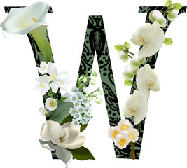 decorated letter W from flowers isolated on white