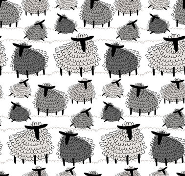 Scandinavian Cute Vector Illustration, Seamless Pattern Of Graphic Drawing Monochrome Sheep. Fluffy Wool Lamb Background For Fabric, Textile, Paper, Wallpaper, Wrapping Or Greeting Card. Kids Element