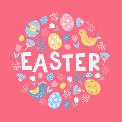 Easter greeting card with eggs, hen, flowers, tulips, leaves