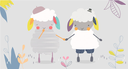 Cute cartoon vector illustration of fluffy two love sheep wearing in casual and cap in the spring summer time. Set of graphic elements for kids. Childish hand drawn lamb. Greeting card, wrap, fabric.