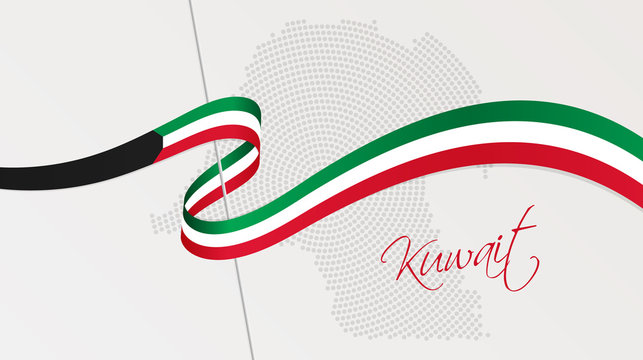 Wavy national flag and radial dotted halftone map of Kuwait
