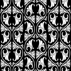 Gothic floral seamless pattern. Vertical rhythm. Popular motiff in Medieval european art. Element for designing medieval style textile, prints and illustrations. Black and white EPS 10 vector