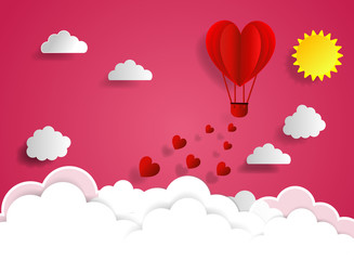 love for Valentine s day. and young joyful couple in pink balloons heart on pink background with text love and mini heart. design for valentine s festival .Vector illustration.paper craft style.