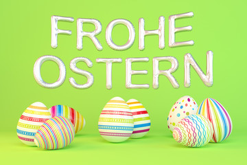 Frohe Ostern - 8 farbenfrohe, bemalte Ostereier auf grünen Hintergrund - Folienballons - Oster