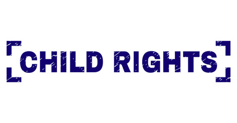 CHILD RIGHTS label seal print with distress texture. Text label is placed between corners. Blue vector rubber print of CHILD RIGHTS with retro texture.