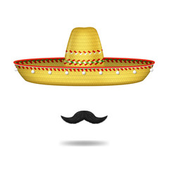 Realistic 3d Detailed Mexican Sombrero Hat and Mustache Set. Vector