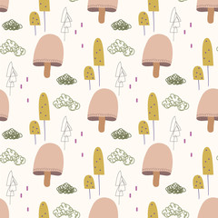 Vintage seamless pattern of hand draw quirky vector illustration of forest with mushroom and moss. Sketch pattern for decoration and design. Cute background for kids fashion fabric, wrapping,wallpaper