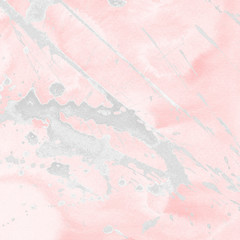 Luxury rose gold and white metal paint splatter effect on watercolor paper background. Pink gold glitter splash texture. Beautiful feminine backdrop.