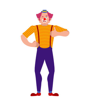 Clown winks and thumb up. Happy funnyman. Merry harlequin. Vector illustration