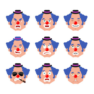 Clown face set. sleeping and evil emotion avatar. bewildered and sad funnyman emoji. harlequin fear and happy icon. serious and winks