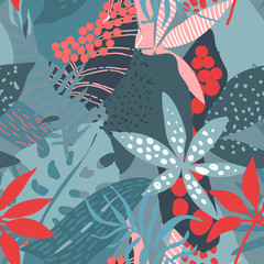 Vector seamless pattern with tropical plants and hand drawn abstract textures