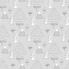 Seamless monochrome pattern vector illustration of graphic drawing mountain, mushroom and pine tree on grey background, for fabric, textile, paper, wallpaper, wrapping or greeting card. Doodle element