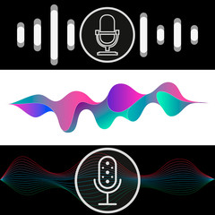Concept of voice recognition. Sound wave with imitation of voice, sound and microphone icon set