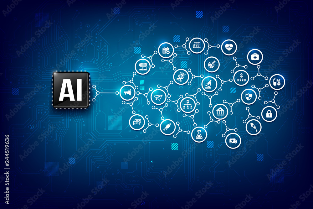Poster ai artificial intelligence technology cpu chipset with print circuit board dot connection line 004