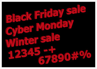 Set of bright red 3D style font Black Friday, Cyber Monday, Winter sale and numbers sign. 3D number symbol with percent discount sale promotion design isolated in background.