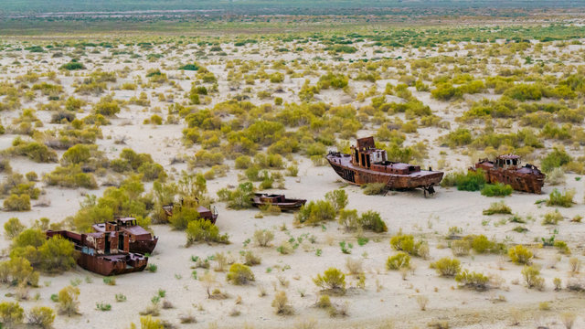 The ecological catastrophy on the Aral Sea in Uzbekistan, Ship Graveyard in Muynak