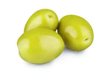 Delicious green olives, isolated on white background