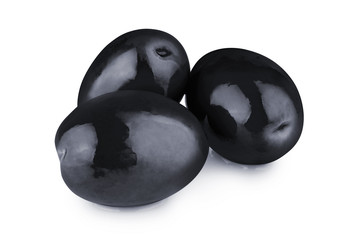 Delicious black olives, isolated on white background