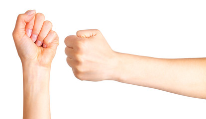Set of woman clenched fist. Concept of unity, fight or cooperation