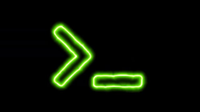 The appearance of the green neon symbol terminal. Flicker, In - Out. Alpha channel Premultiplied - Matted with color black