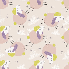 Cute vector illustration of pattern, graphic drawing funny pink sheep on cloudy background. Fluffy wool pet background for fabric, textile, paper, wallpaper, wrapping or greeting card. Doodle element